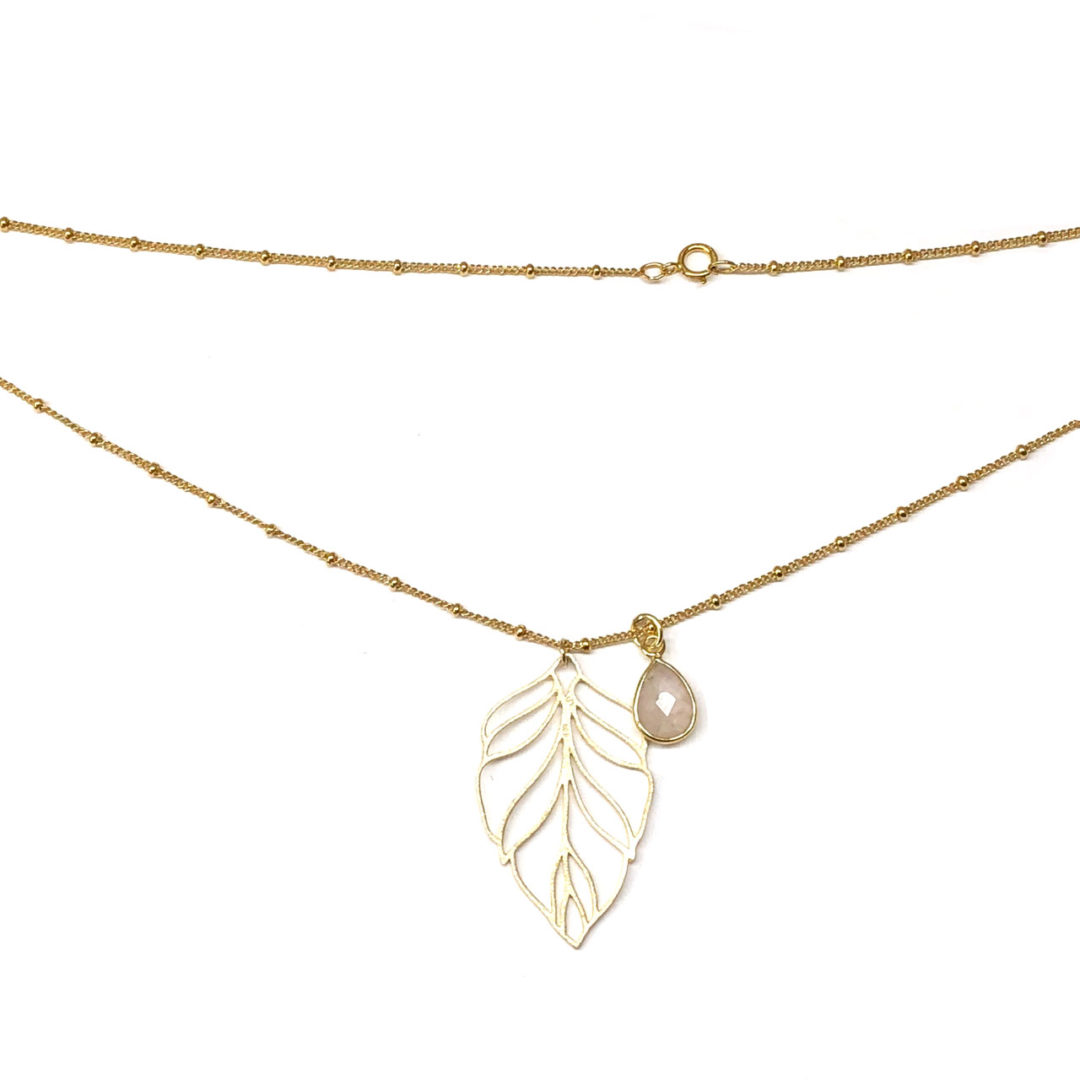 14k Gold Filled Bead Chain Leafy Rose Quartz Pear Drop Necklace - Image 2