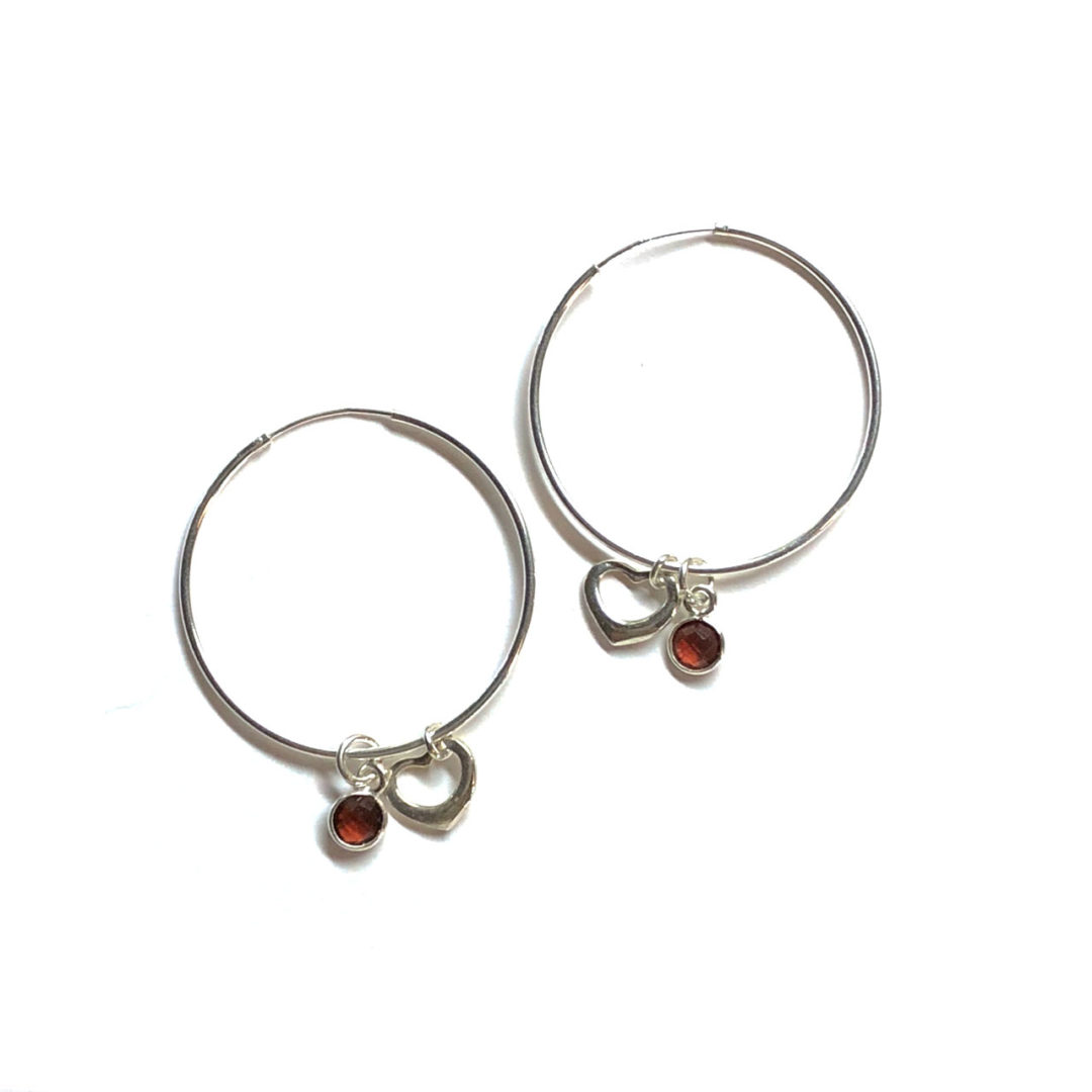 Sterling Silver Floating Heart Garnet Sterling Silver Hoop Earrings