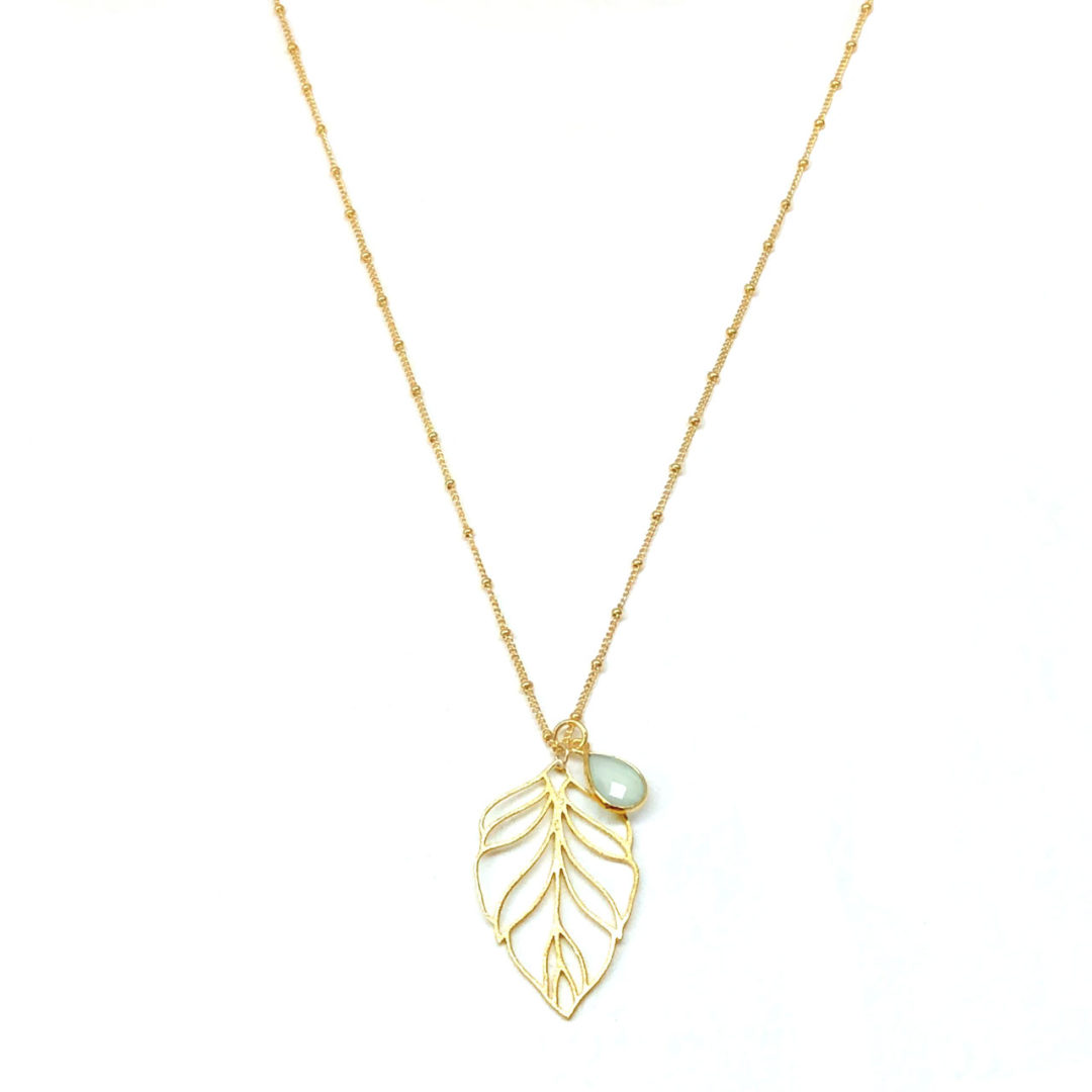 14k Gold Filled Bead Chain Leafy Chalcedony Pear Drop Necklace