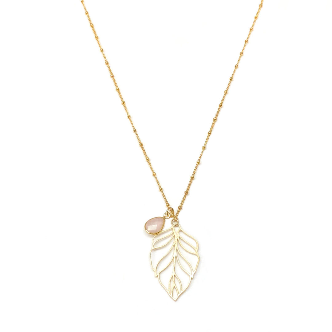 14k Gold Filled Bead Chain Leafy Rose Quartz Pear Drop Necklace