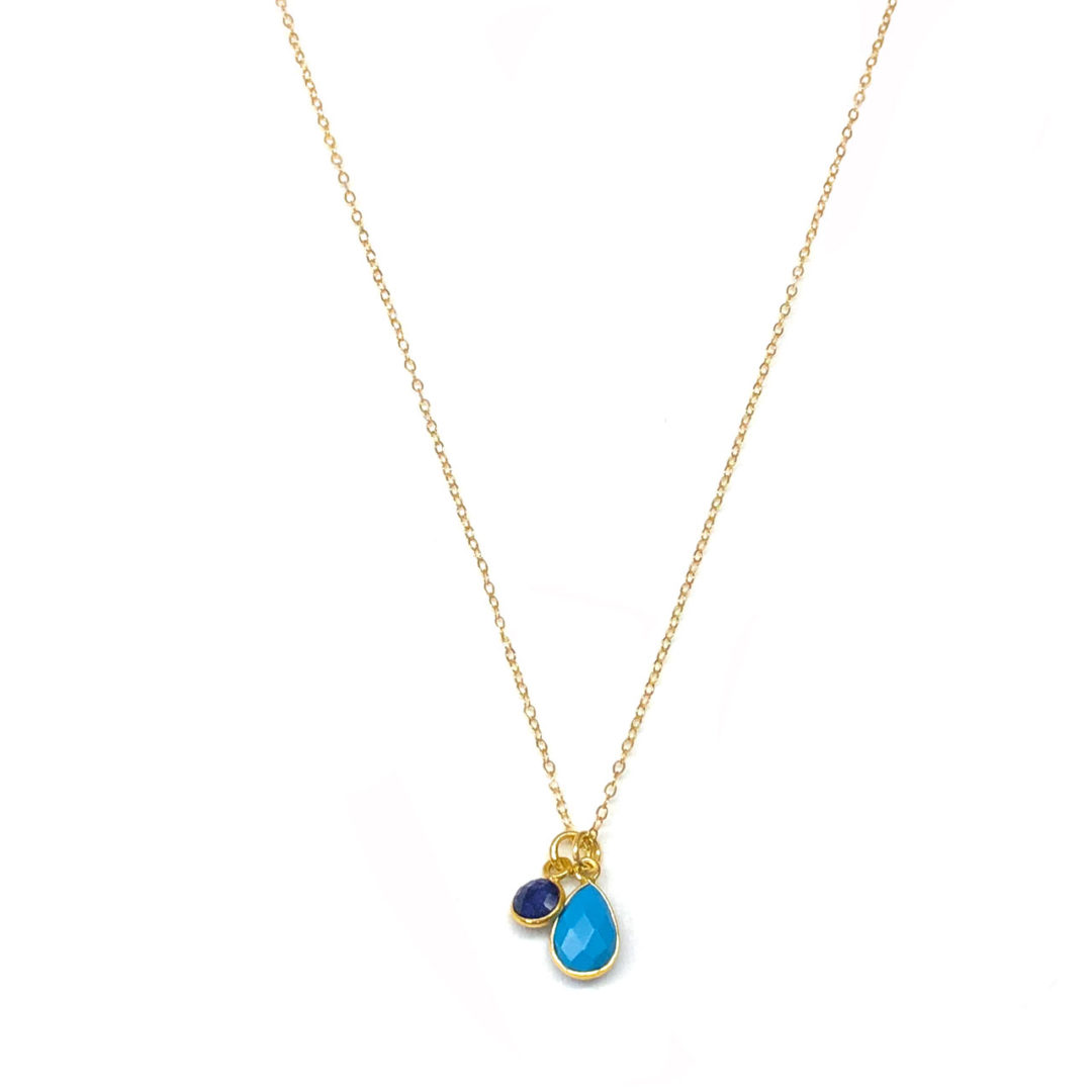 14k Gold Filled Chain Turquoise & Sapphire Charm Necklace