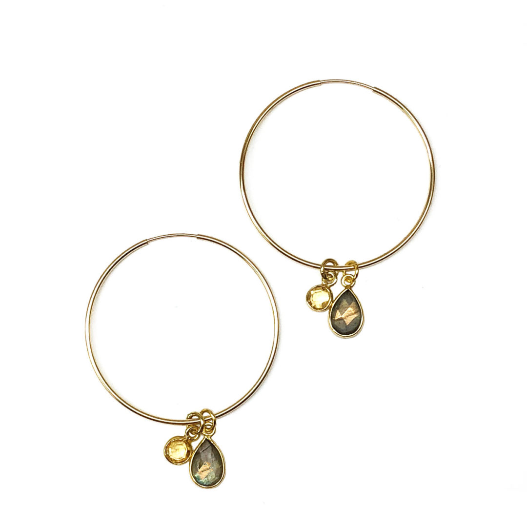 14K Gold Filled Labradorite Citrine Large Gold Hoop Earrings