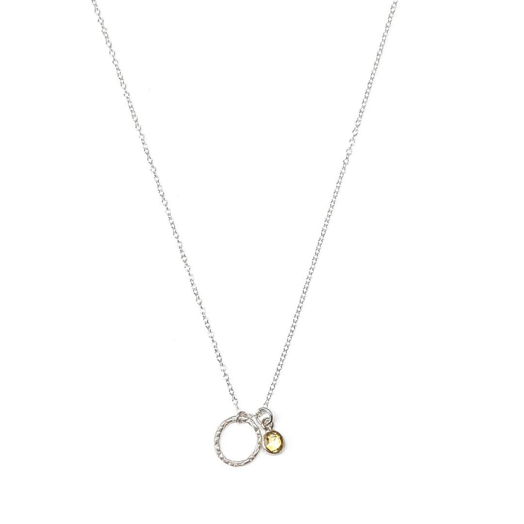 Sterling Silver Small Round Hammered Circle with Citrine Drop Necklace