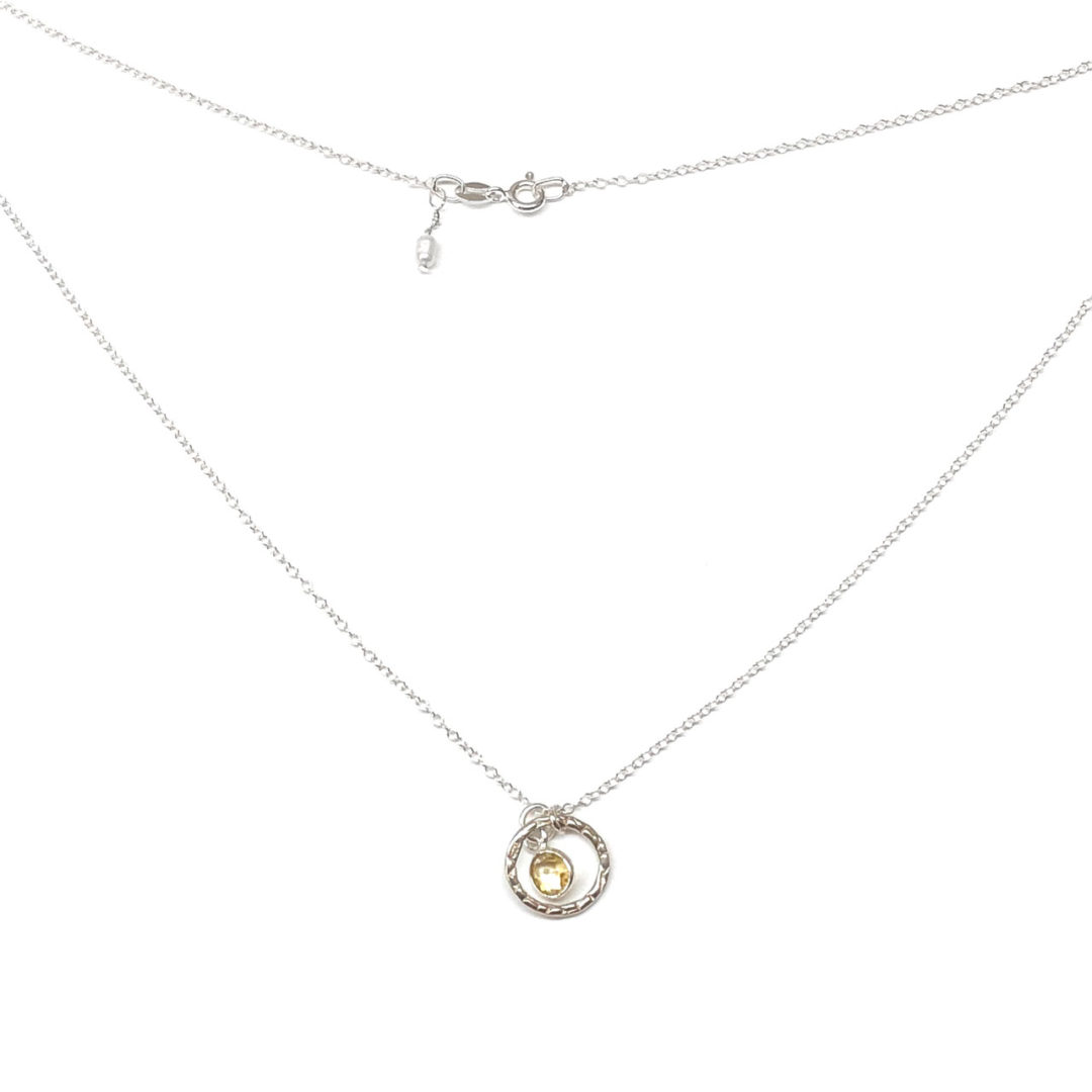 Sterling Silver Small Round Hammered Circle with Citrine Drop Necklace - Image 2