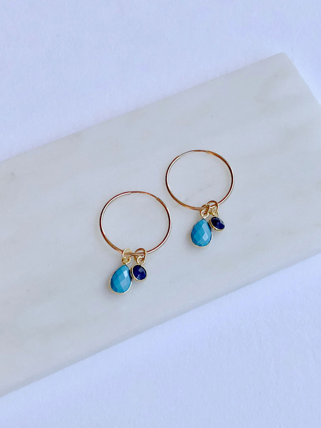 14K Gold Filled Turquoise Sapphire Gold Hoop Earrings - Image 3