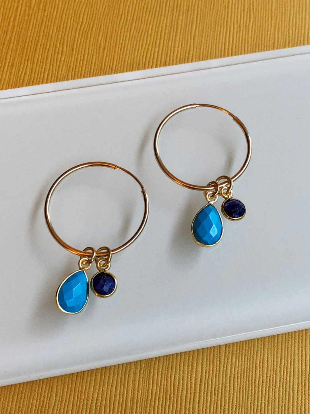 14K Gold Filled Turquoise Sapphire Gold Hoop Earrings - Image 2