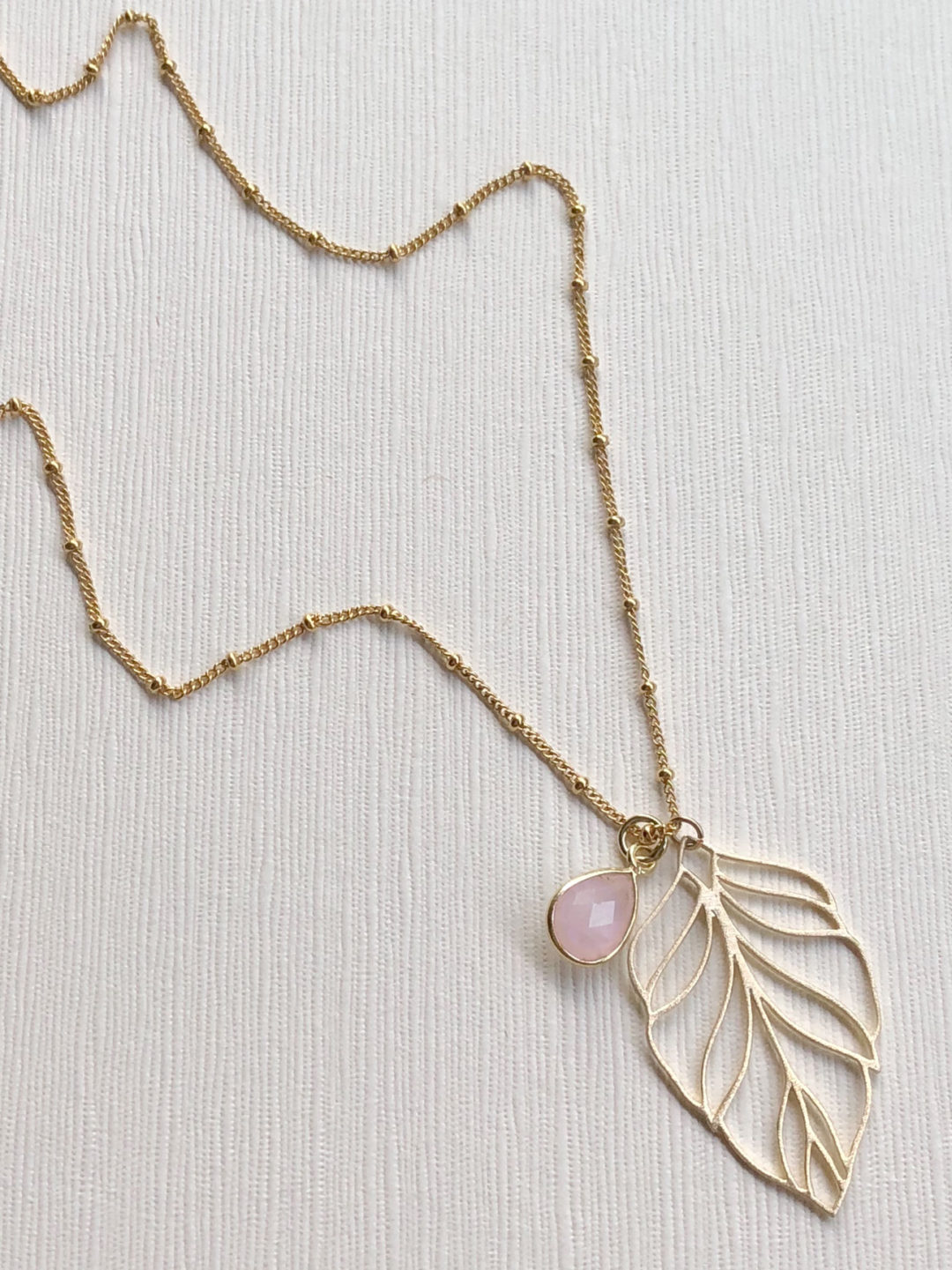 14k Gold Filled Bead Chain Leafy Rose Quartz Pear Drop Necklace - Image 5