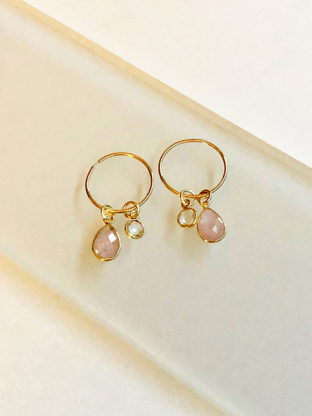 10K Gold Rose Quartz Clear Quartz Gold Hoop Earrings - Image 2