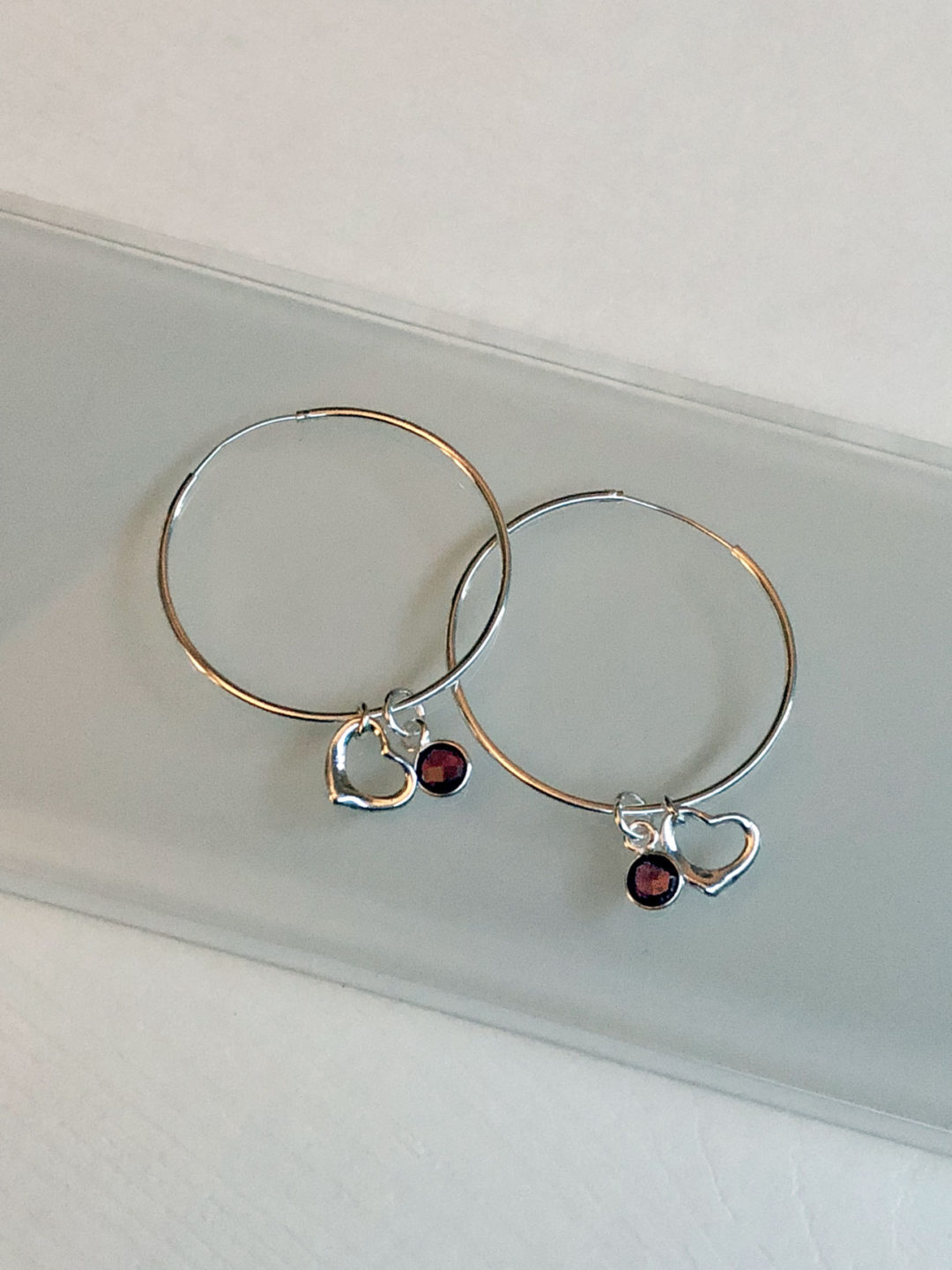 Sterling Silver Floating Heart Garnet Sterling Silver Hoop Earrings - Image 2